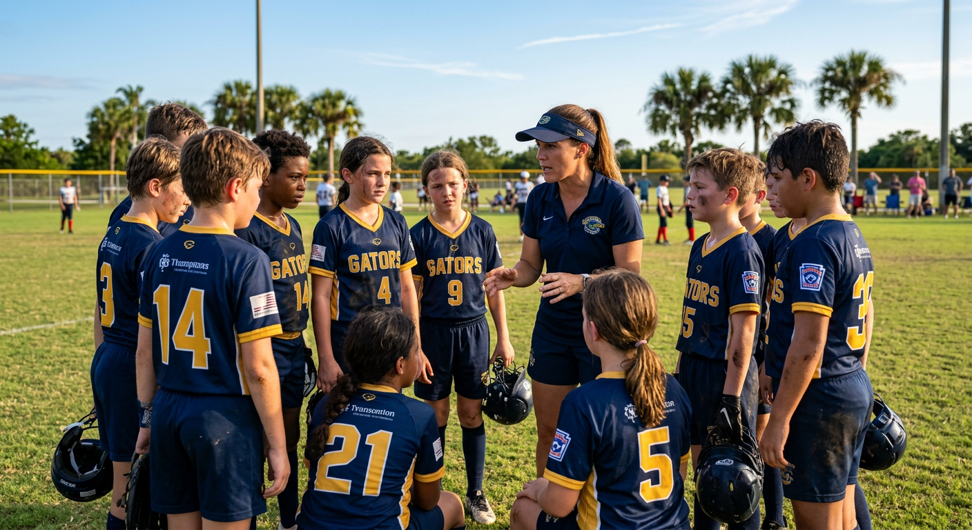 Youth sports team huddled with their coach on a sunny field