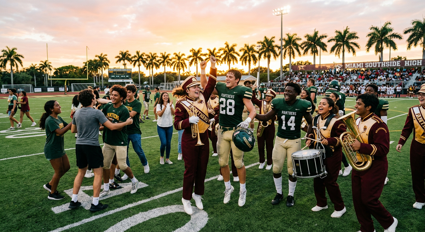 Students and band members celebrating together on a Sarasota school field at sunset