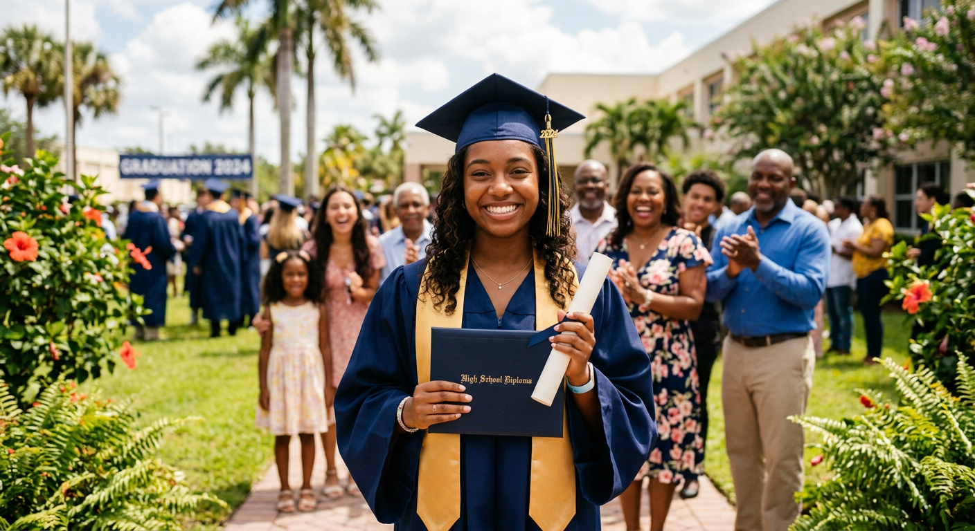 Graduating student in cap and gown holding a diploma